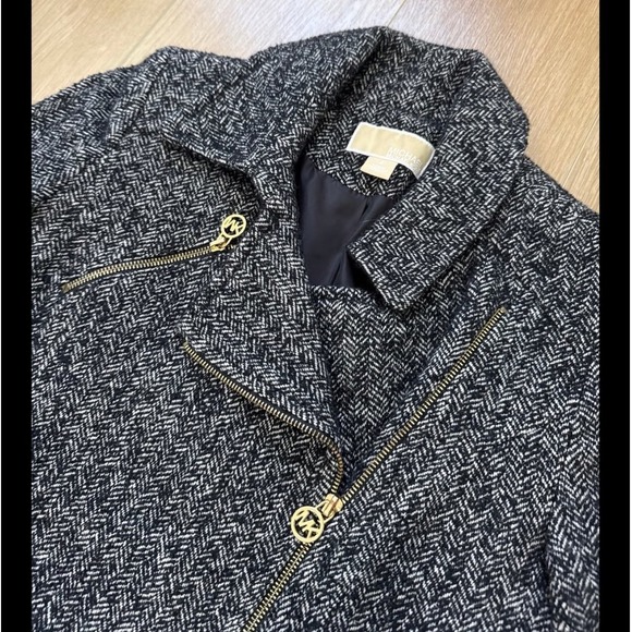 Michael Kors Herringbone Moto‎ Jacket Gold Hardware Black Gray Medium Revival - Picture 1 of 9